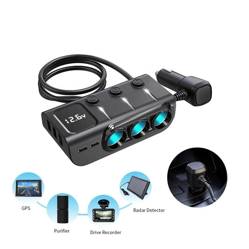Bluejw Fast 3-Port USB Car Charger Adapter - 120W QC 3.0 PD 3A Cigarette Lighter Splitter - 12V Automobile Chargers with 3 Sockets - Image 2